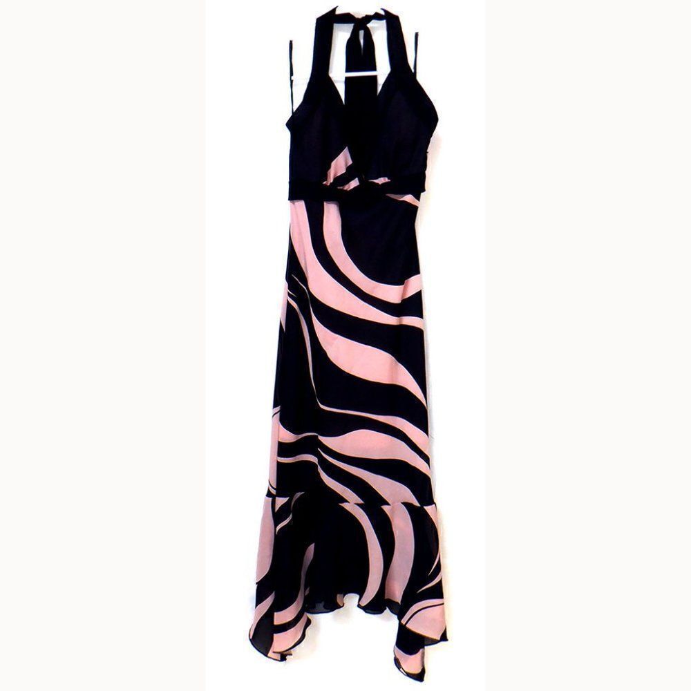 Junior womens black and pink swirl halter top asymmetrical dress